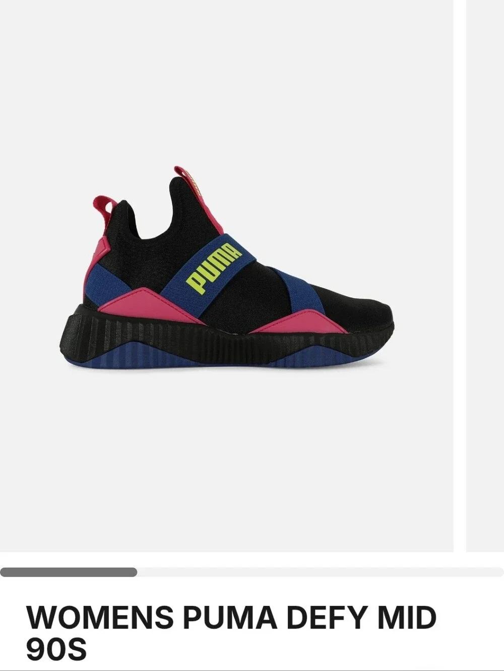 Puma Defy Mid 90'S Black Slip-On Women's Sneakers with Blue Straps and Pink Tabs